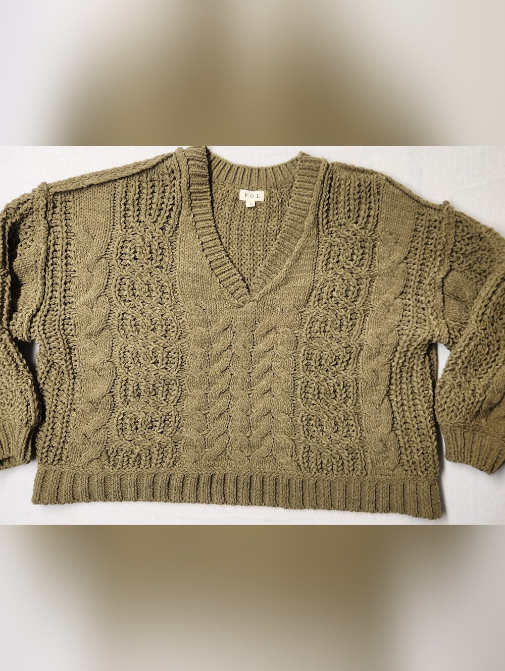 POL Olive Cable Knit Sweater Oversized V-Neck Boho Cottagecore Chunky Cozy Sz S - Picture 2 of 8